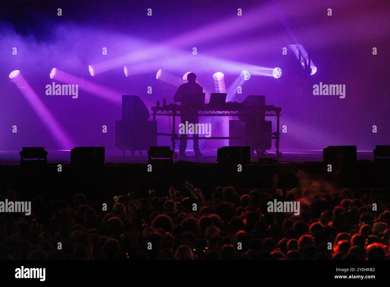 JON HOPKINS, HEADLINER, GREEN MAN FESTIVAL: Dance music pioneer and film composer Jon Hopkins headline the Mountain Stage. Day Two of Green Man Festival 2024 at Glanusk Park, Brecon, Wales on 16 August 2024. Photo: Rob Watkins.  INFO: Jon Hopkins is a British electronic music producer and composer known for his intricate, atmospheric soundscapes. Blending ambient, techno, and classical elements, his work is both emotionally resonant and rhythmically complex, making him a leading figure in contemporary electronic music. Stock Photo