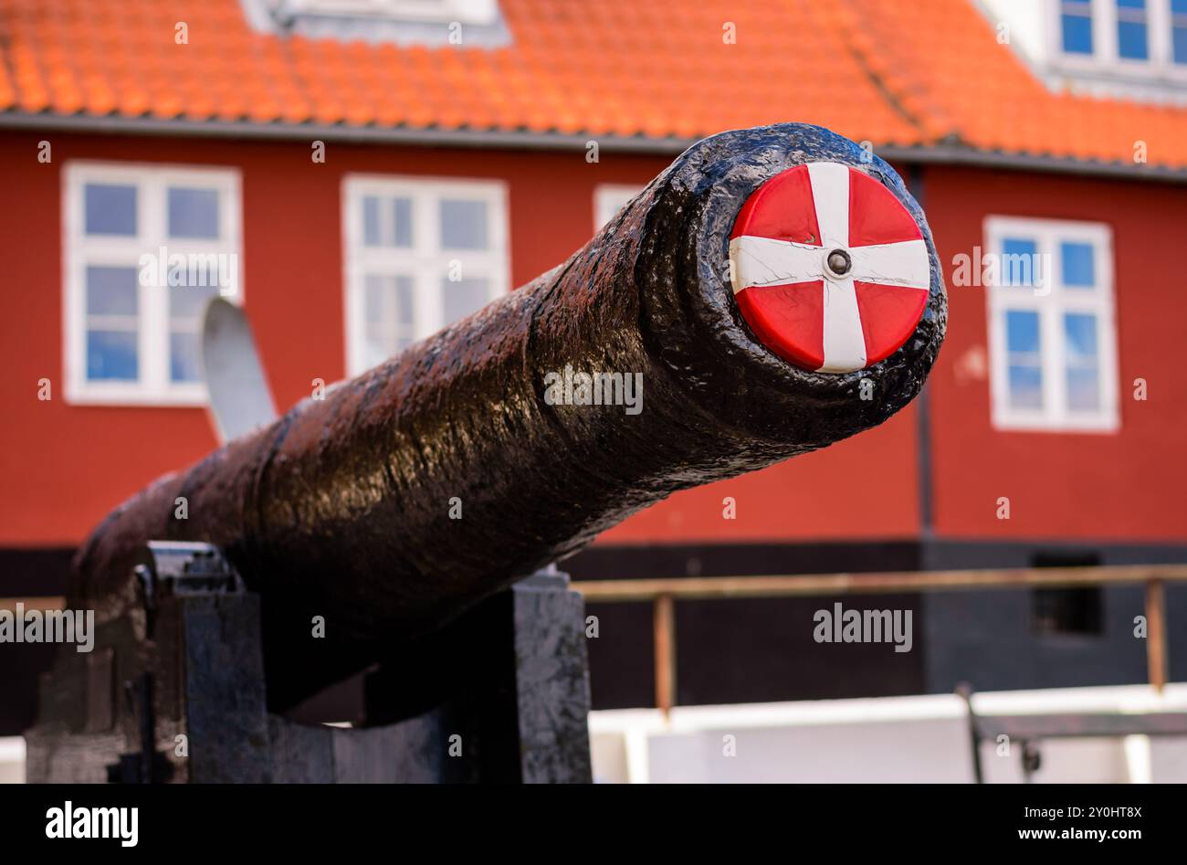 Historical cannon in Danish town of Nexo. Island of Bornholm, Denmark. Day. Horizontal layout Stock Photo