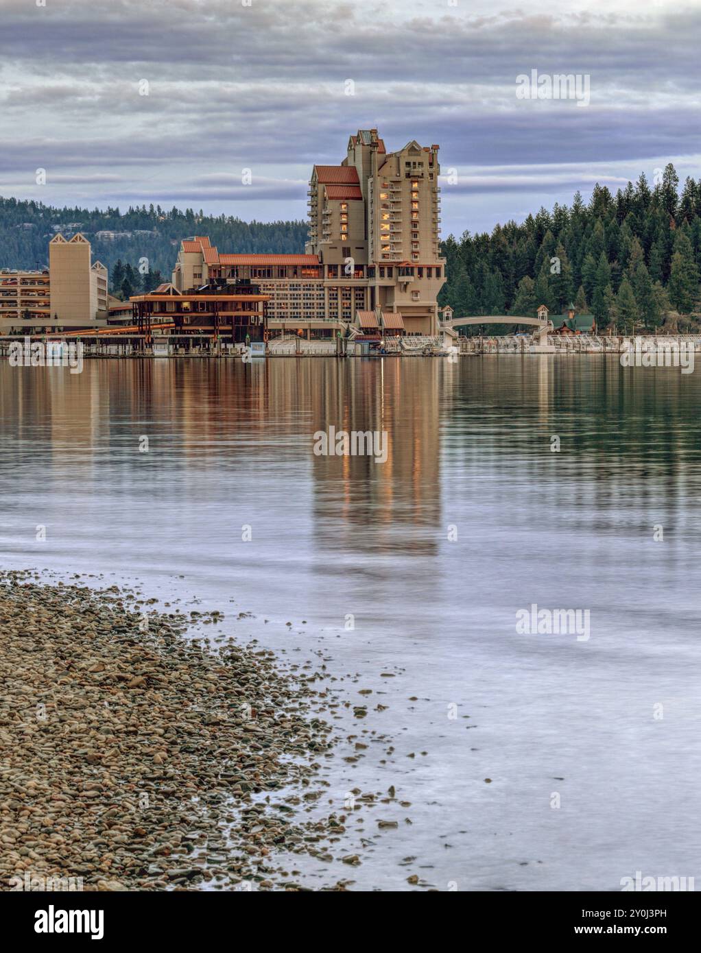 The view of downtown Coeur d'Alene late in the day from the beach area Stock Photo