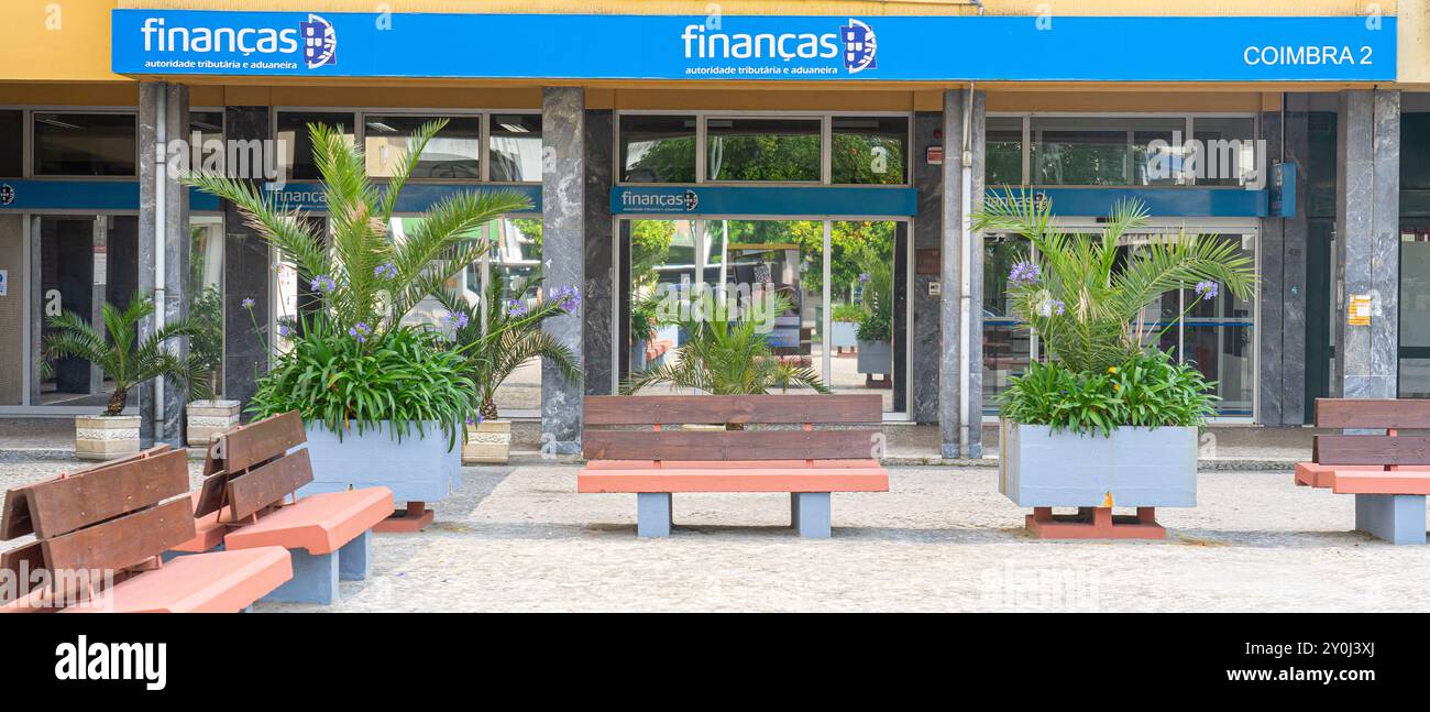 Front facade of the tax authority building, administrations in the city center of Coimbra-Portugal. Stock Photo