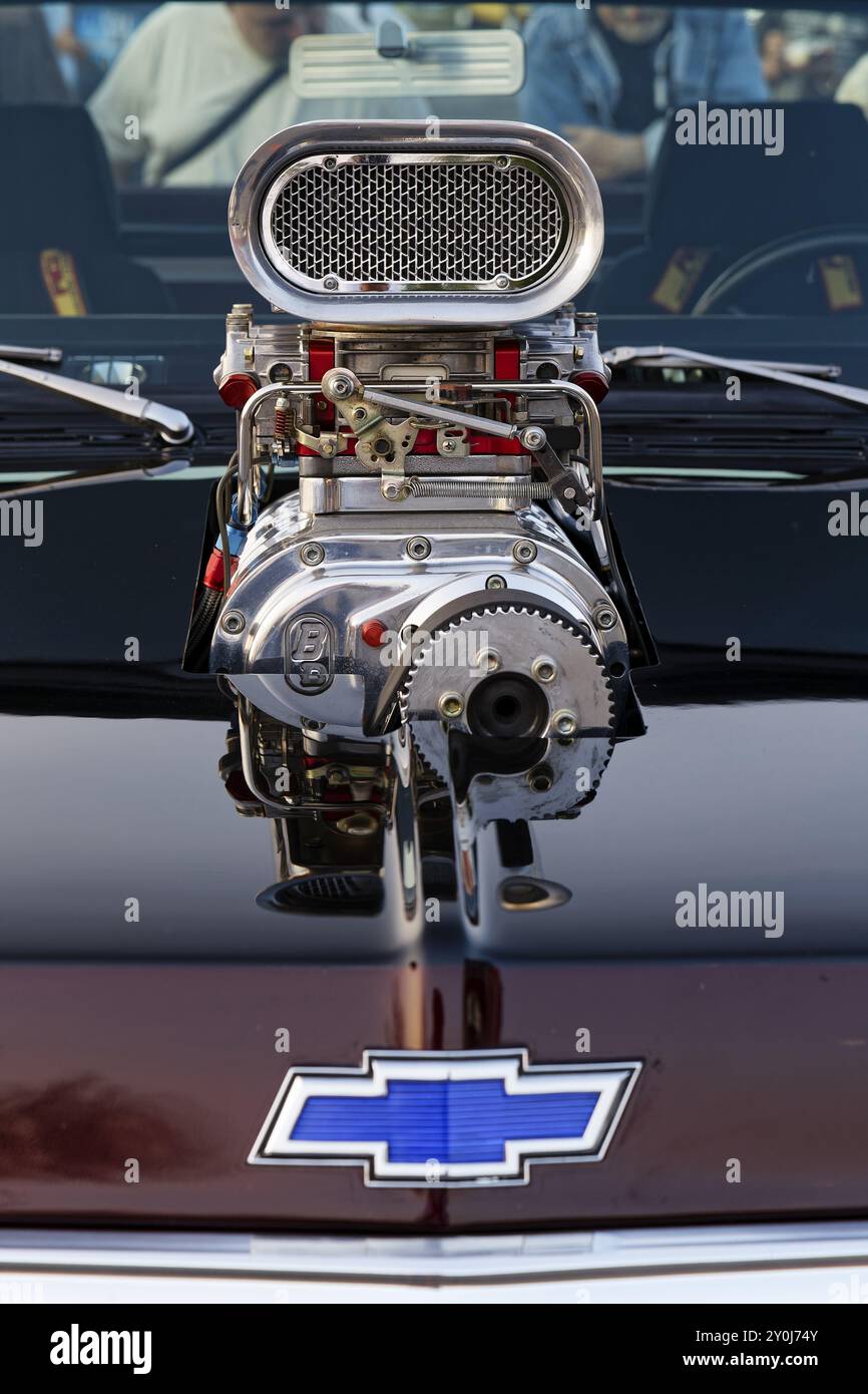Automobile, car show, custom made vintage car with open engine display ...