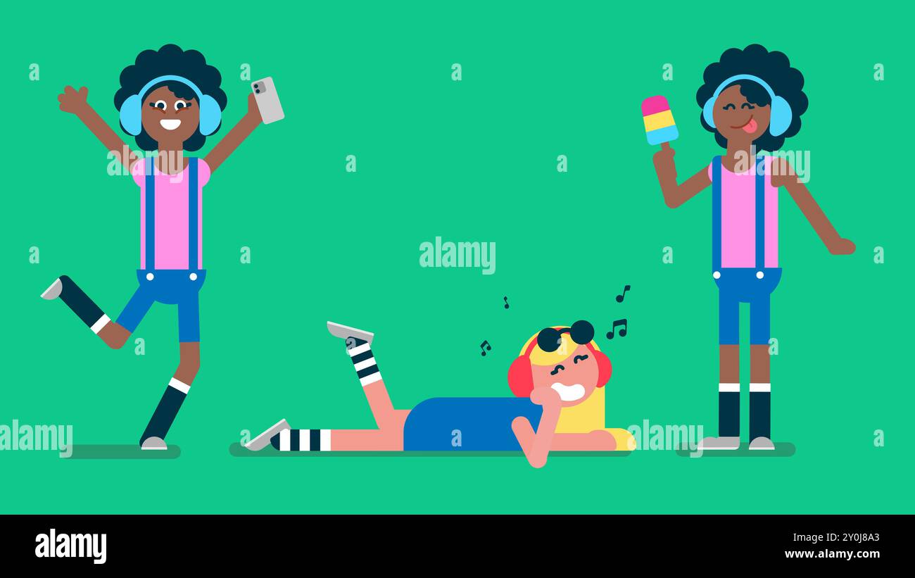 Flat Happy black african afro girl jumping for joy, blonde teenage girl ...