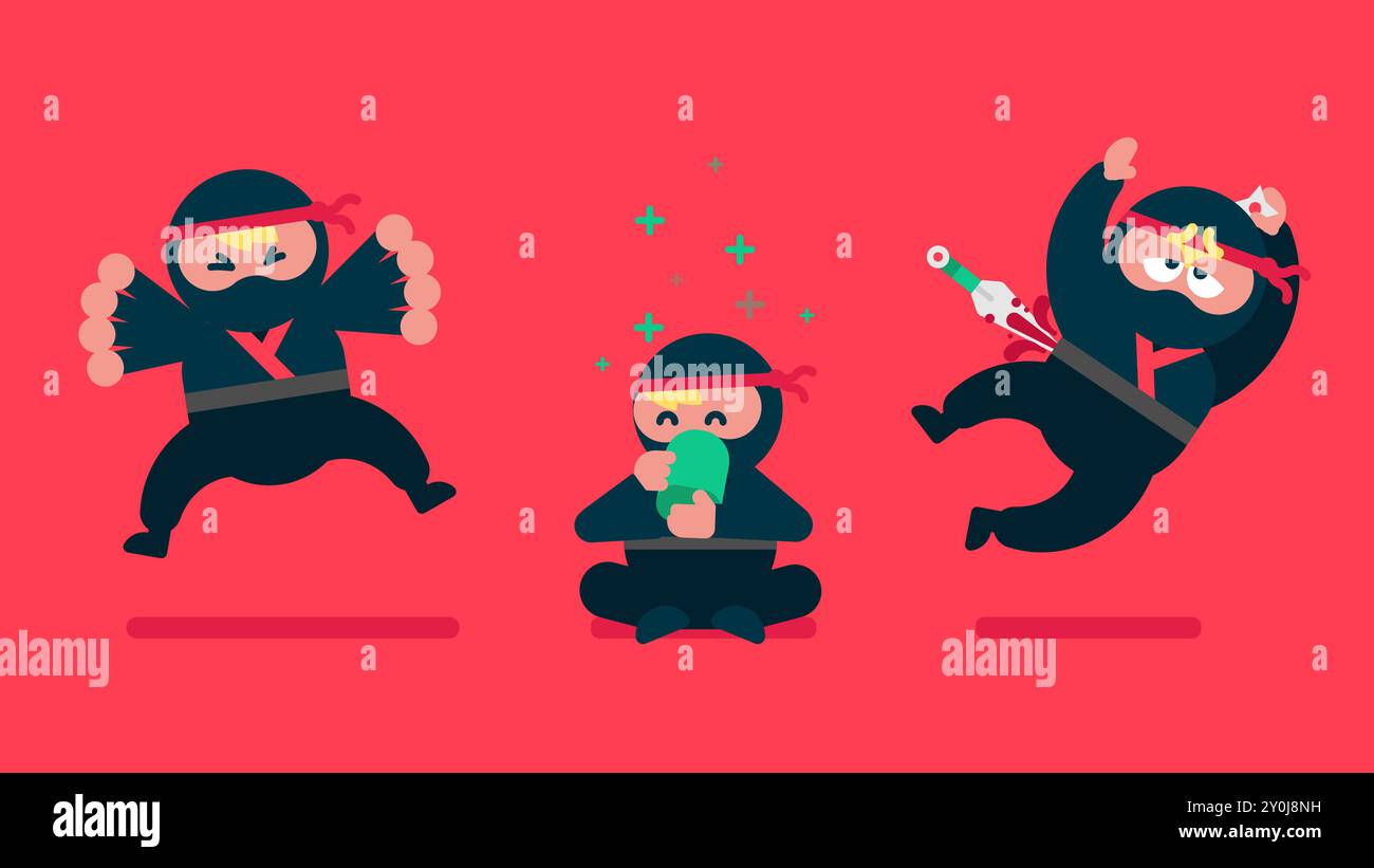 Tiny ninja with traditional ninja suit, Cartoon Japanese in different poses, ninja gets hurt by kunai and blood drips from him, Drink matcha green tea Stock Vector