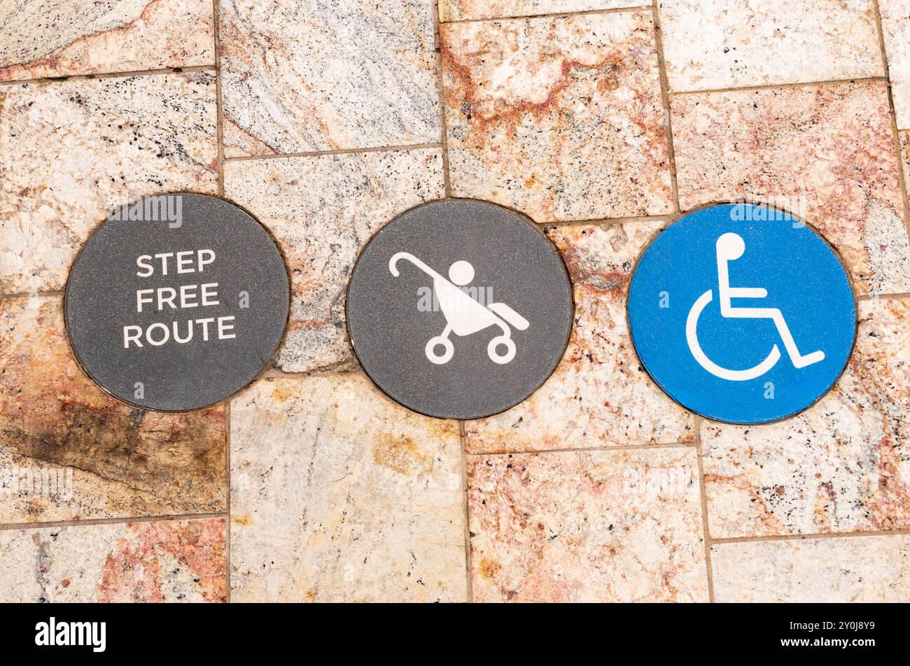 Signage informing the public that the route is without steps and stairs and  disabled wheel chair friendly also for parents with prams and pushchairs. Stock Photo