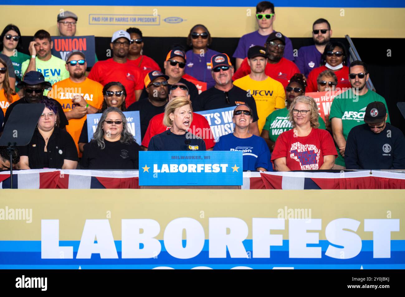 Wisconsin Democratic Senator Tammy Baldwin delivers remarks at the Milwaukee Area Labor Council’s Laborfest 2024. Stock Photo