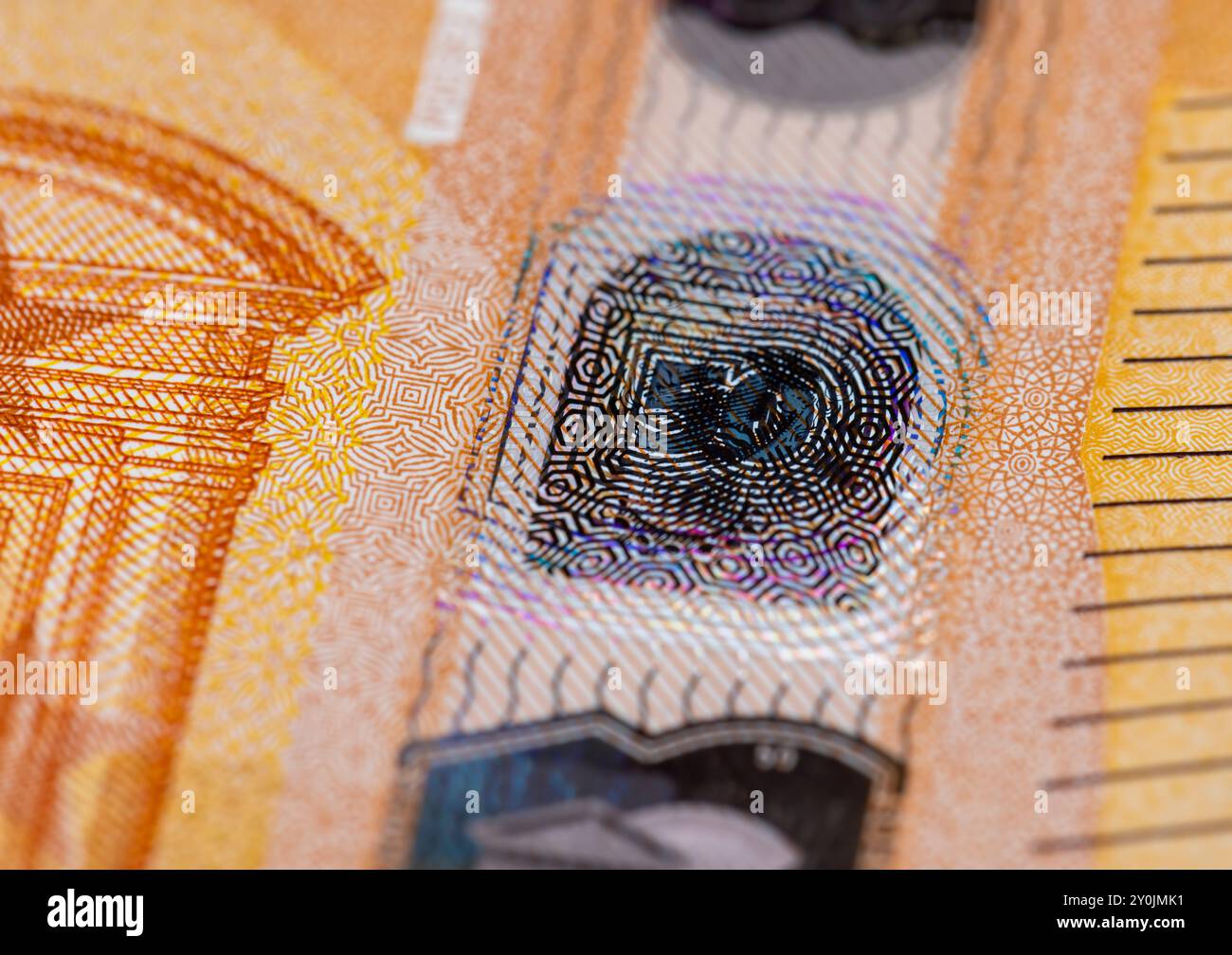 Fifty euros orange color photographed close-up, details of the genuine 50 euro banknote of the European Union Stock Photo