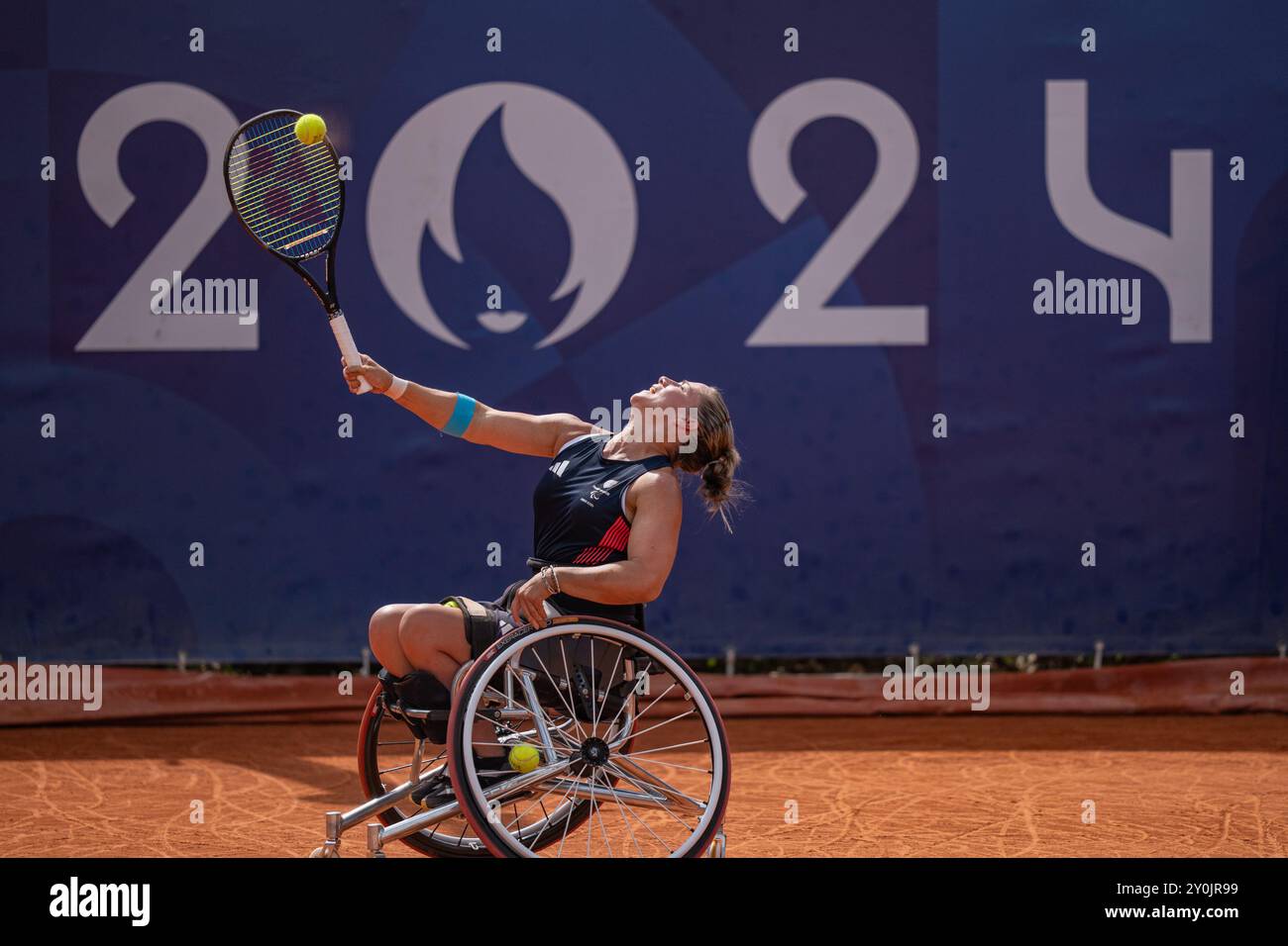 Paris, France. 2nd Sep, 2024. Lucy Shuker of Britain competes against Li Xiaohui of China during the women's singles 2nd round of wheelchair tennis event at the Paris 2024 Paralympic Games in Paris, France, Sept. 2, 2024. Credit: Huang Wei/Xinhua/Alamy Live News Stock Photo