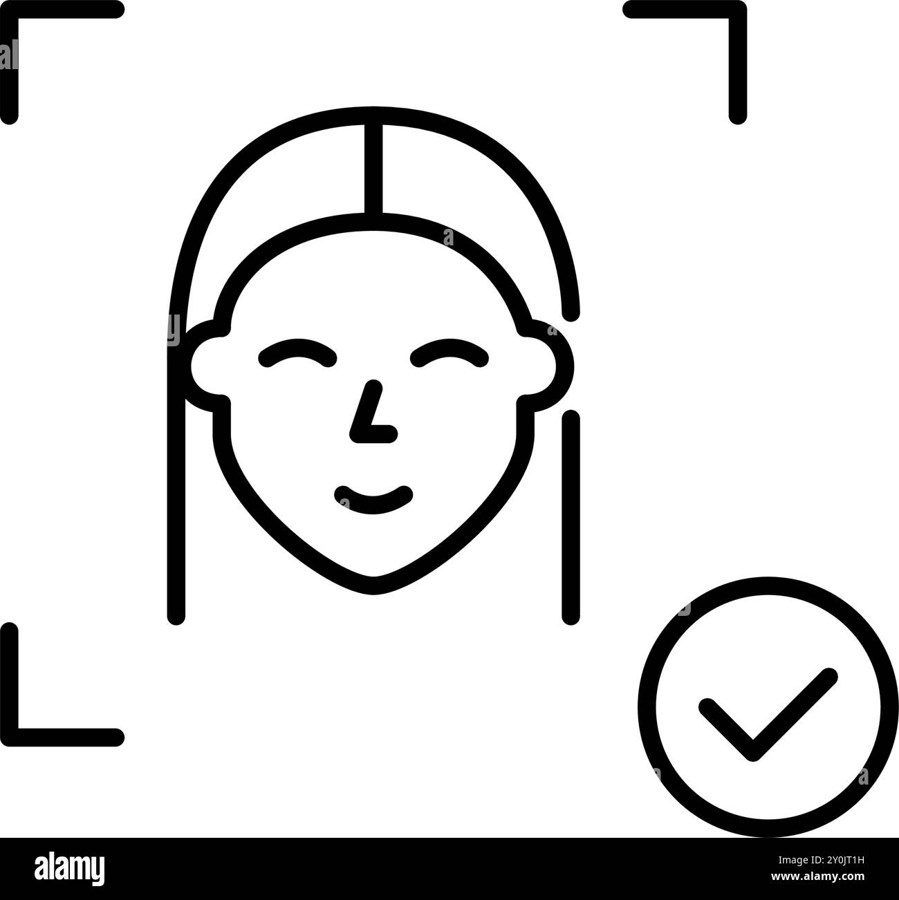 Woman face scan and checkmark. Secure login, biometric id verification passed. Pixel perfect vector icon Stock Vector