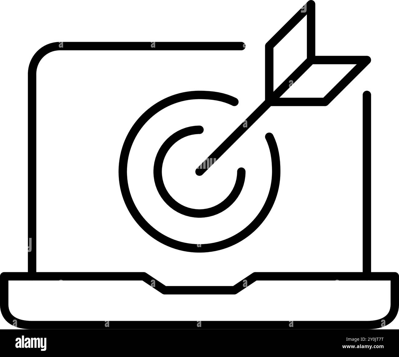 Arrow hitting target on laptop screen. Desktop optimization, precise web analytics or market targeting. Pixel perfect vector icon Stock Vector