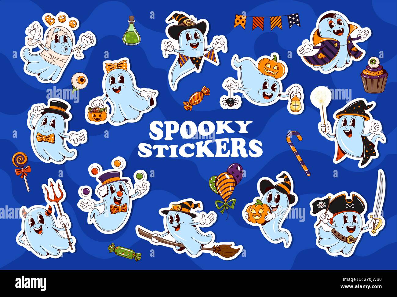 Halloween ghost stickers and spooky boo characters for horror night ...