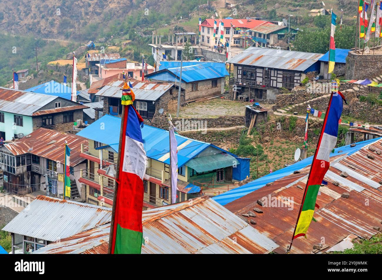 The village of Khanjim, high above Syabrubesi and the Trishuli Valley Stock Photo