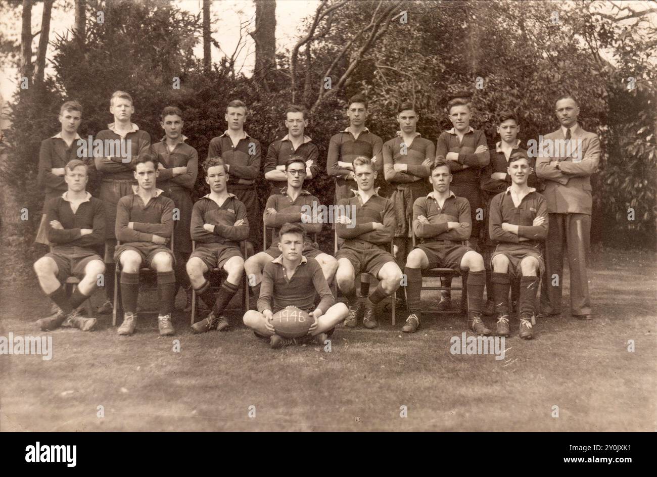 Vintage photograph of Churcher's College Rugby XV team wearing their rugby kit in Petersfield, Hampshire Stock Photo