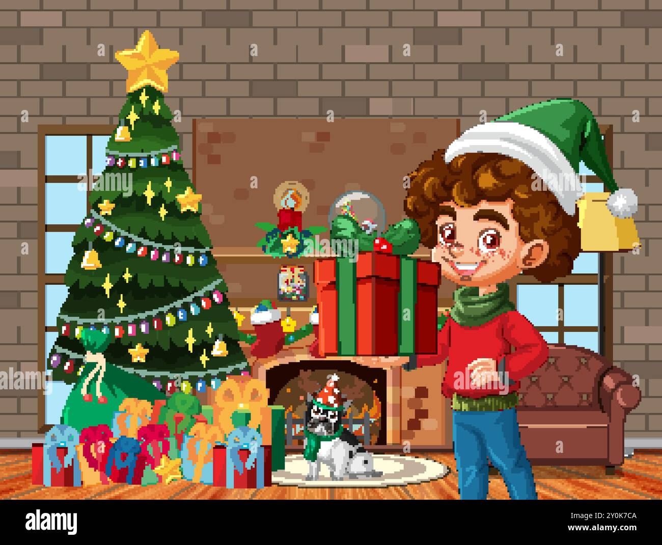 Boy holding gift by decorated Christmas tree Stock Vector