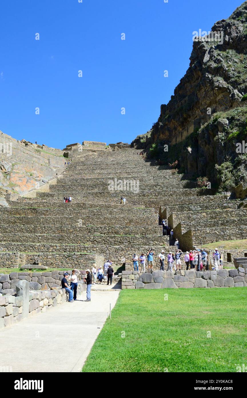 Terraced fields and ruins of Ollantaytambo ruins Stock Photo