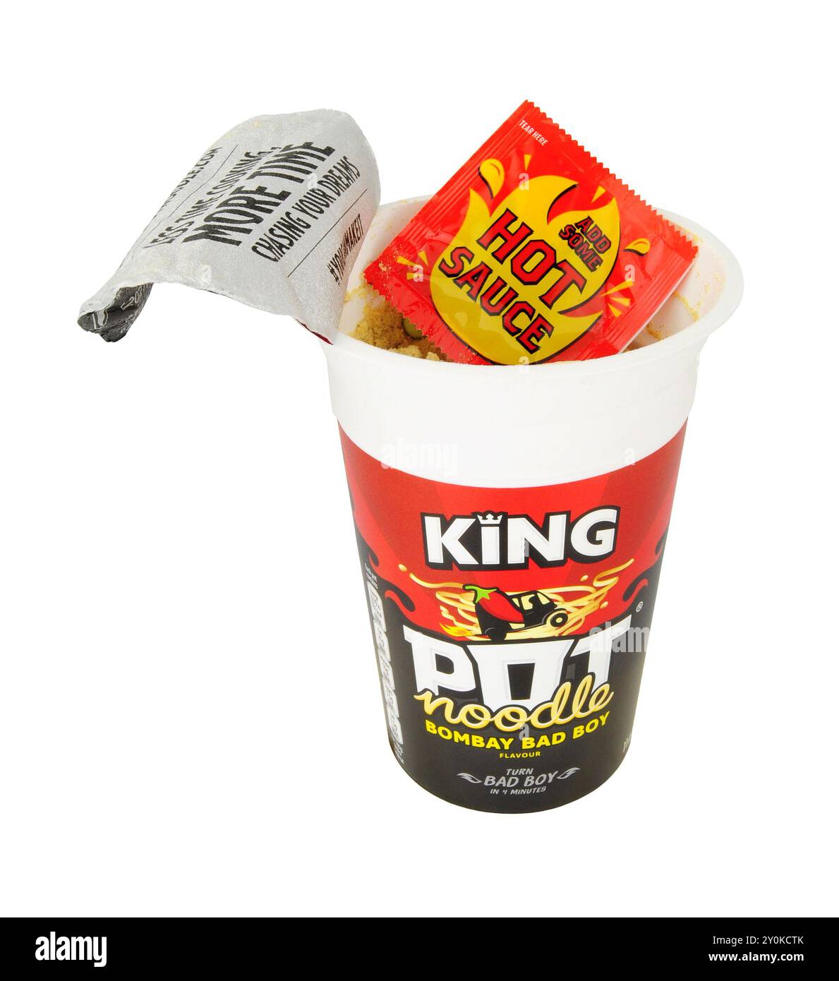 King Pot Noodle Bombay bad boy noodles in a hot curry flavour sauce Stock Photo