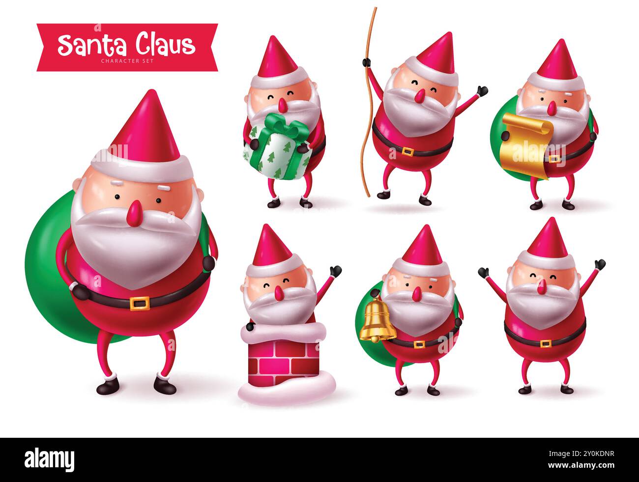 Christmas santa claus character vector set design. Santa claus character holding sack, gift, bell, rope elements in cute smiling, funny waving Stock Vector