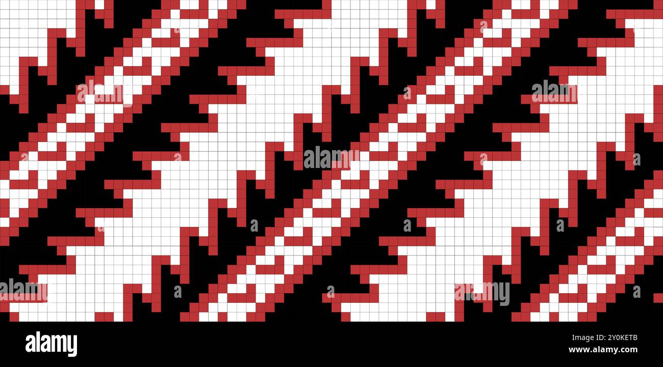 Traditional ornament seamless pattern, geometric style cross stitch embroidery, decorative ethnic texture. Pixel art decorative pattern, black, red an Stock Vector