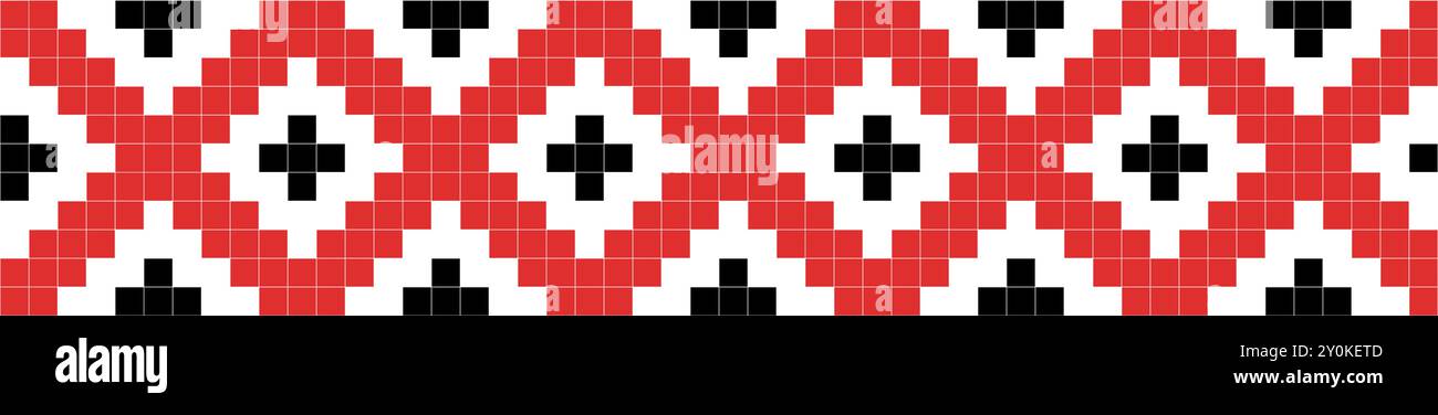 Traditional ornament seamless pattern, geometric style cross stitch embroidery, decorative ethnic texture. Pixel art decorative pattern, black, red an Stock Vector
