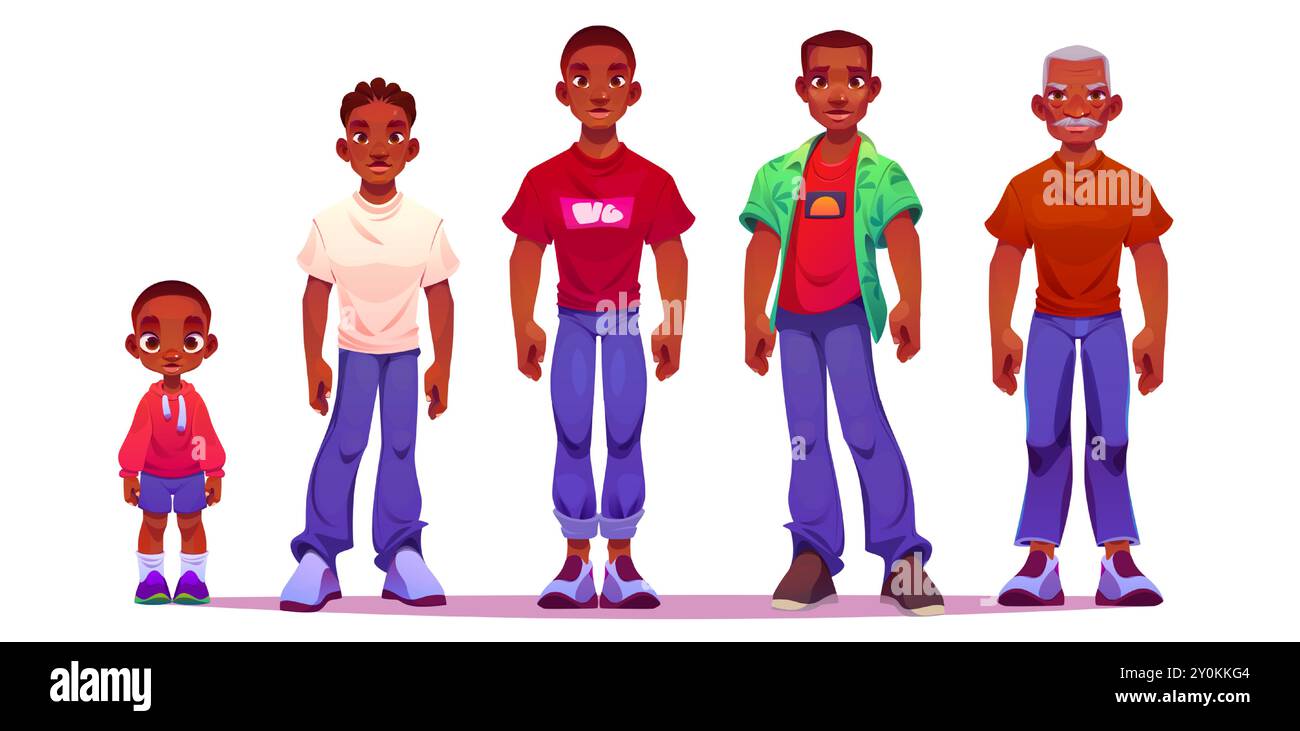 Life cycle of African male cartoon character with different age steps ...