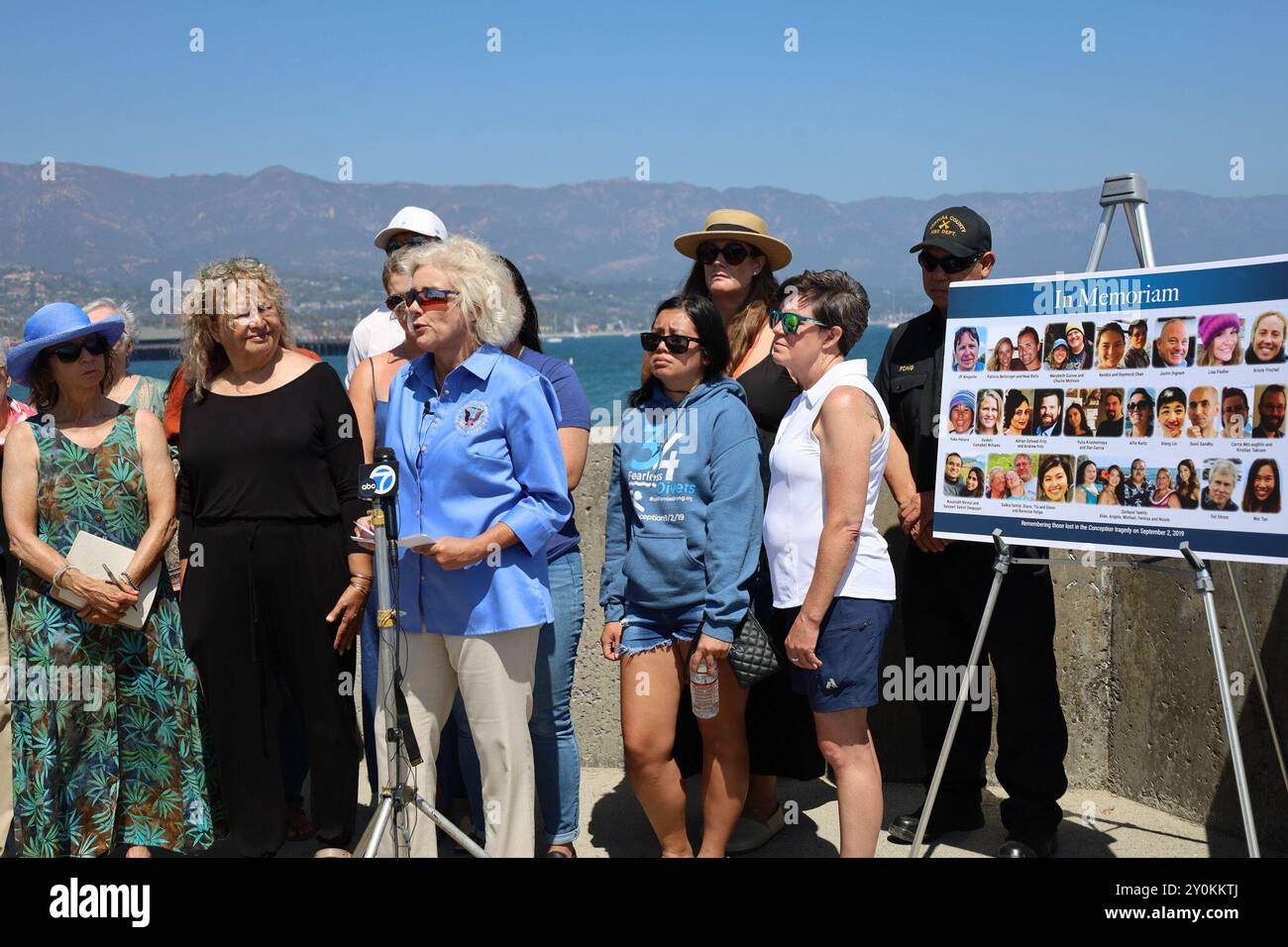 Santa Barbara, Ca, USA. 2nd Sep, 2024. September 2, 2024 is the five year anniversary of the Channel Islands' Conception Boat Fire tragedy, where 34 people were trapped below deck and killed in a late night dive boat fire off the coast of Santa Cruz Island.The National Transportation Safety Board (NTSB) Chair Jennifer Homendy lead an impassioned press conference with a dozen or so of the victims family members at the Point Cabrillo memorial at the Santa Barbara Harbor. They collectively demanded the U.S. Coast Guard finally carry out recommendations the NTSB has issued over the last tw Stock Photo