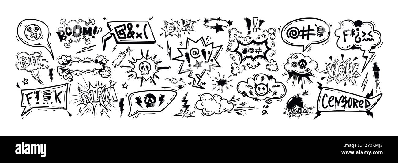 Hand drawn doodle comic speech bubbles with insults, curses, swearwords, offensive language. Angry words in talk frames, dialogue box, chat balloons. Negative expressions, bad emotions with skull icon Stock Vector