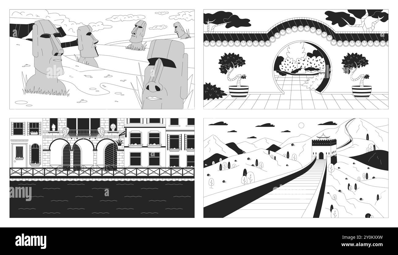 World travel landscapes black and white line illustrations set Stock ...