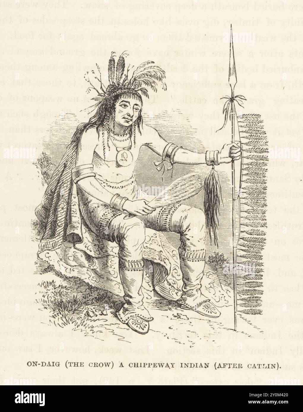 On-Daig (the Crow), a Chippeway Indian. Dandy in an extravagent costume with headdress, leggings, moccasins, blanket and lance decorated with feathers. After an illustration by George Catlin. Woodcut from Robert Brown’s The Races of Mankind, Cassell, Petter and Galpin, London, 1873. Stock Photo