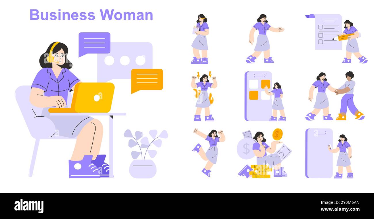 Businesswoman set. Diverse workplace activities and success gestures. Corporate communication, multitasking, and financial management. Vector illustration. Stock Vector