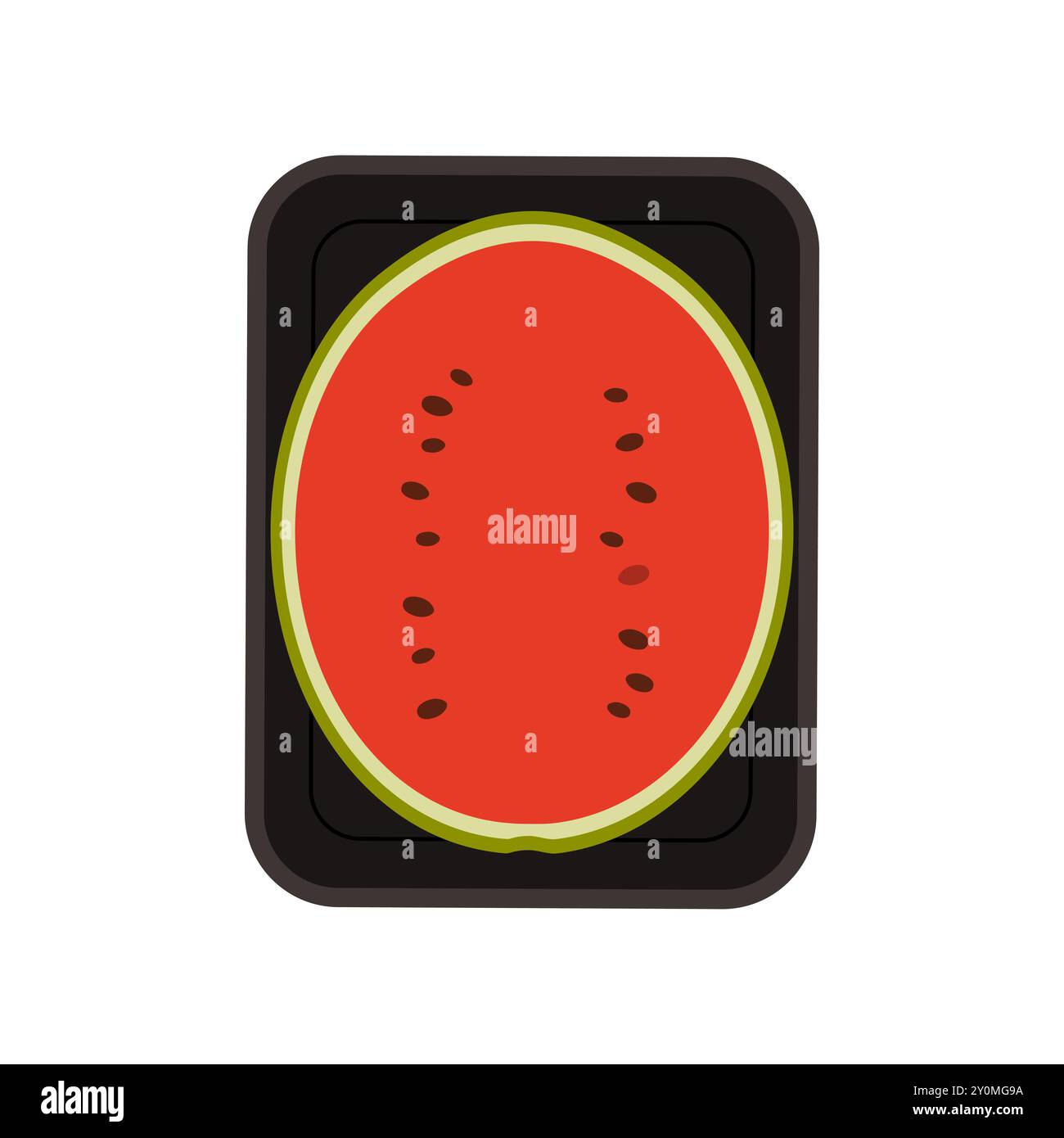 Half ripe watermelon in rectangular supermarket plastic tray, top view ...