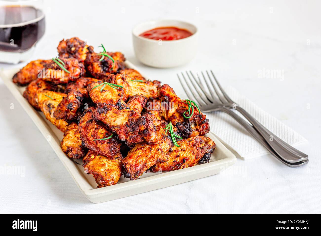 Air Fryer Chicken Wings with Condiments Low Angle Close Up Photo Stock ...