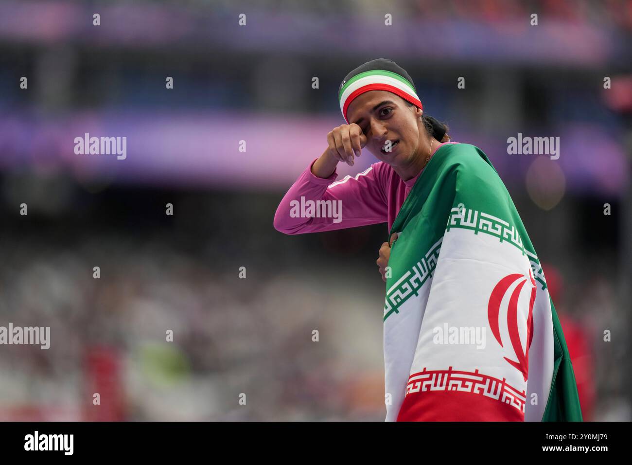 Iran's Hajar Safarzadeh Ghahderijani reacts after winning the silver