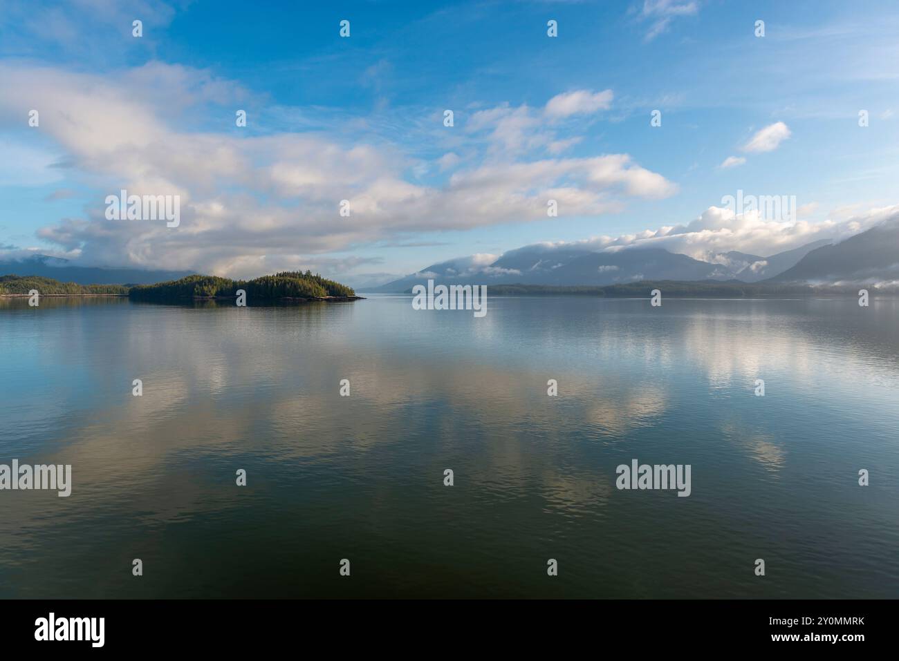 Inside Passage cruise morning mist landscape, British Columbia, Canada. Stock Photo