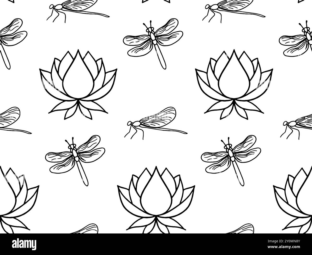 seamless pattern with carps, lotuses and dragonflies. line art vector ...