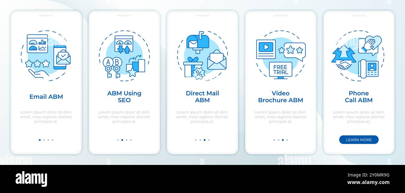 Methods of abm blue onboarding mobile app screen Stock Vector