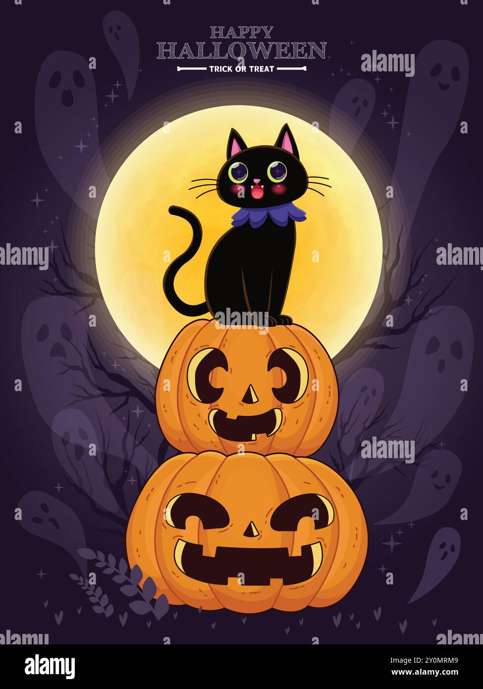 Vintage Halloween poster design with vector cat, jack o lantern, ghost ...