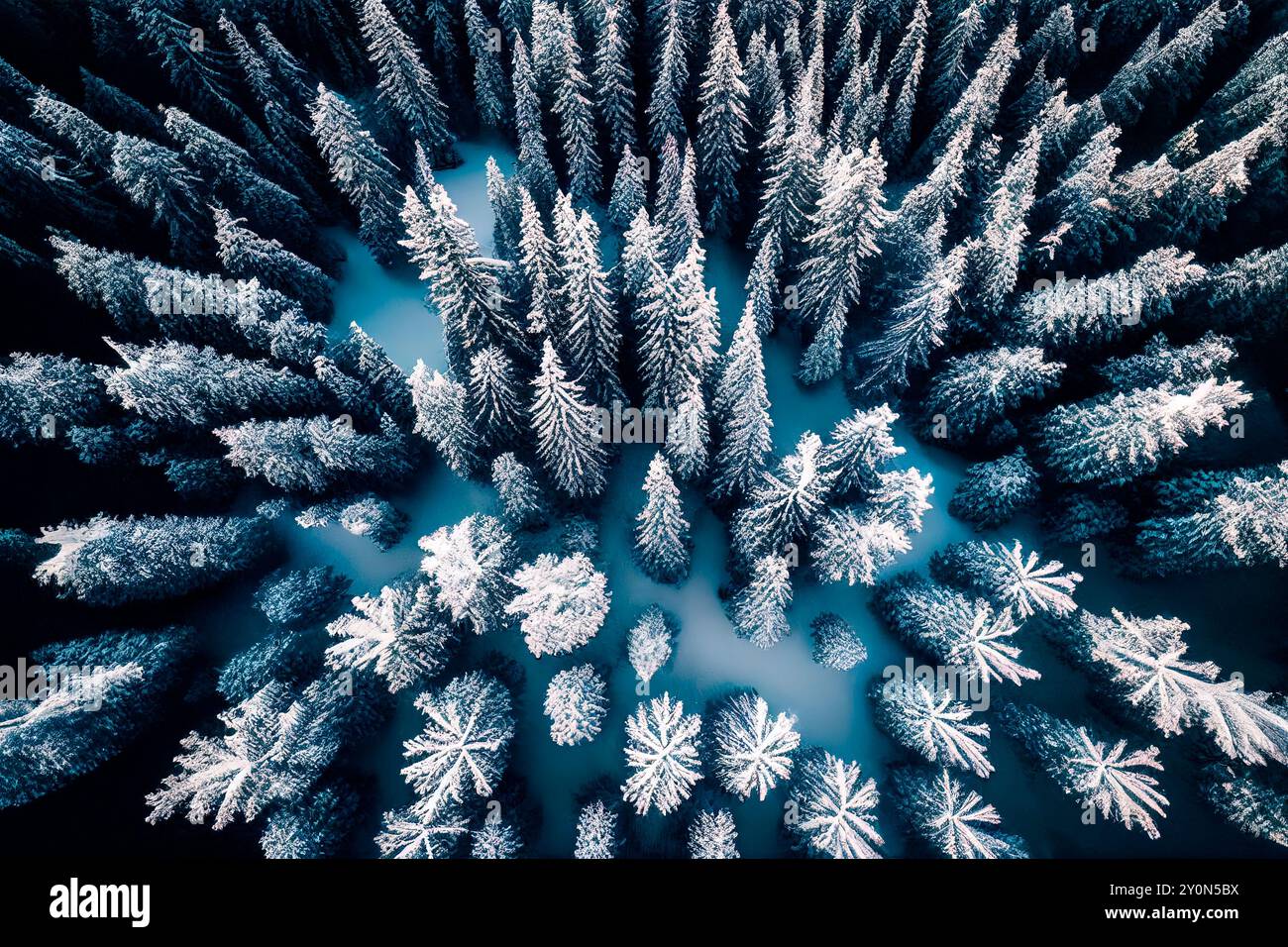 Drone view of winter landscape with pine forest covered with snow ...