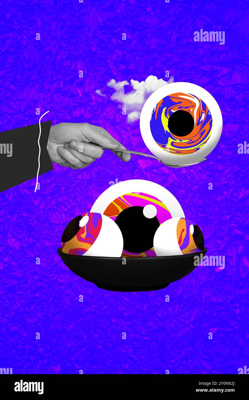 Vertical composite collage image picture of arm hold spoon big eyeball isolated on creative background Stock Photo