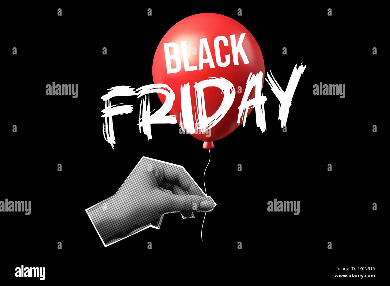 Black Friday collage, hand holding red 3D balloon, banner halftone. Vector illustration black bg Stock Vector