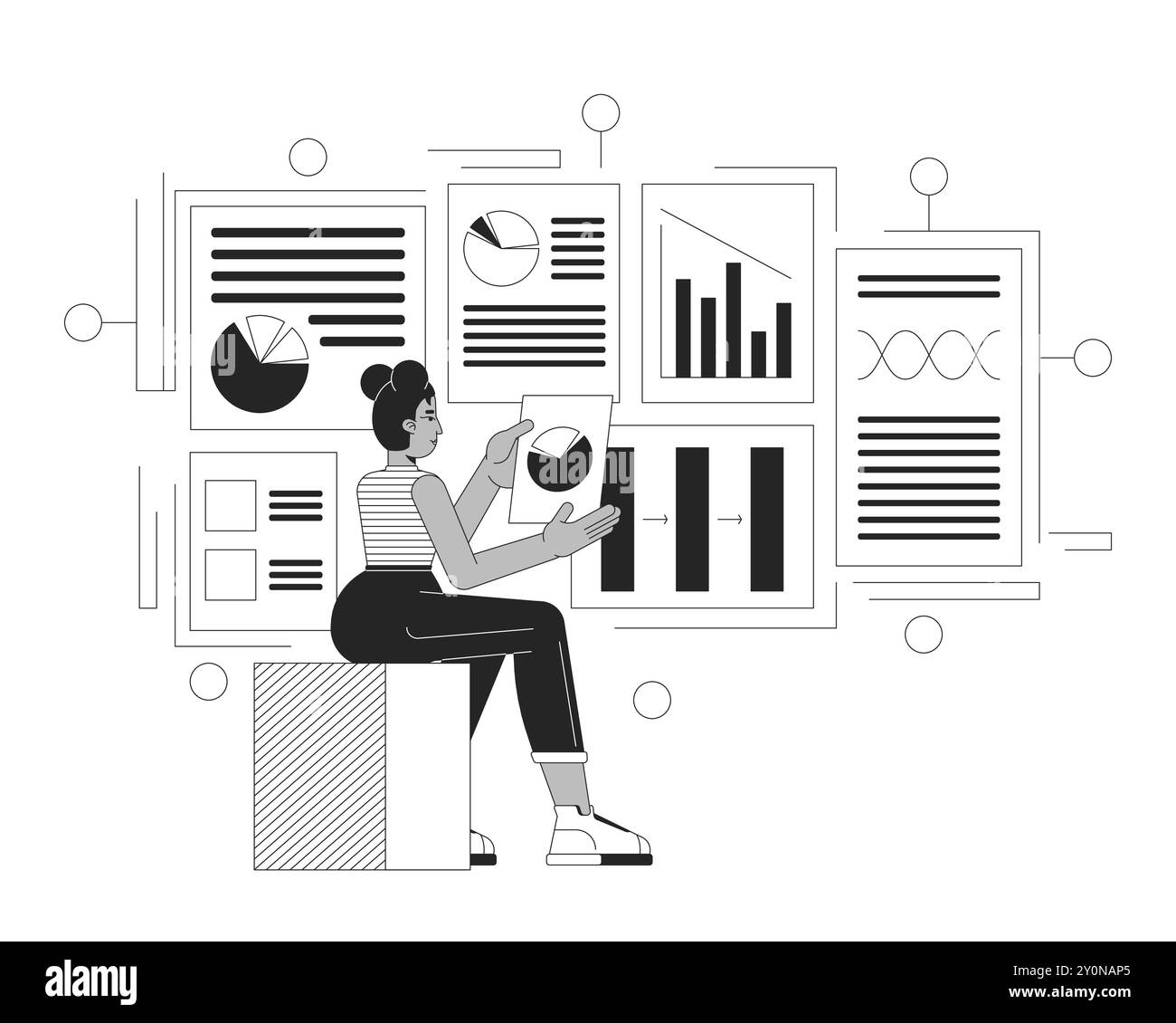 Data-driven product management black and white 2D illustration concept Stock Vector