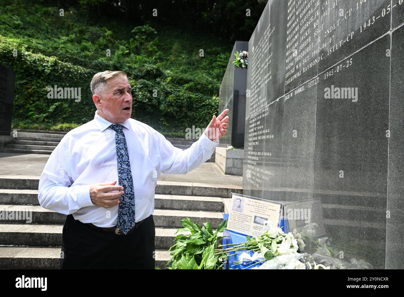 Nanjing, China's Jiangsu Province. 3rd Sep, 2024. Chairman of the Sino-American Aviation Heritage Foundation Jeffrey Greene tells the stories of Jack W. Hammel, a U.S. pilot, at the Nanjing Anti-Japanese Aviation Martyrs Memorial Hall in Nanjing, east China's Jiangsu Province, Sept. 3, 2024. Hammel died at the age of 23 on July 25, 1945, in east China's Jiangxi Province, after his fighter plane was hit by Japanese ground fire. TO GO WITH 'China unveils list of 2,590 American anti-Japanese aviation martyrs from WWII' Credit: Ji Chunpeng/Xinhua/Alamy Live News Stock Photo