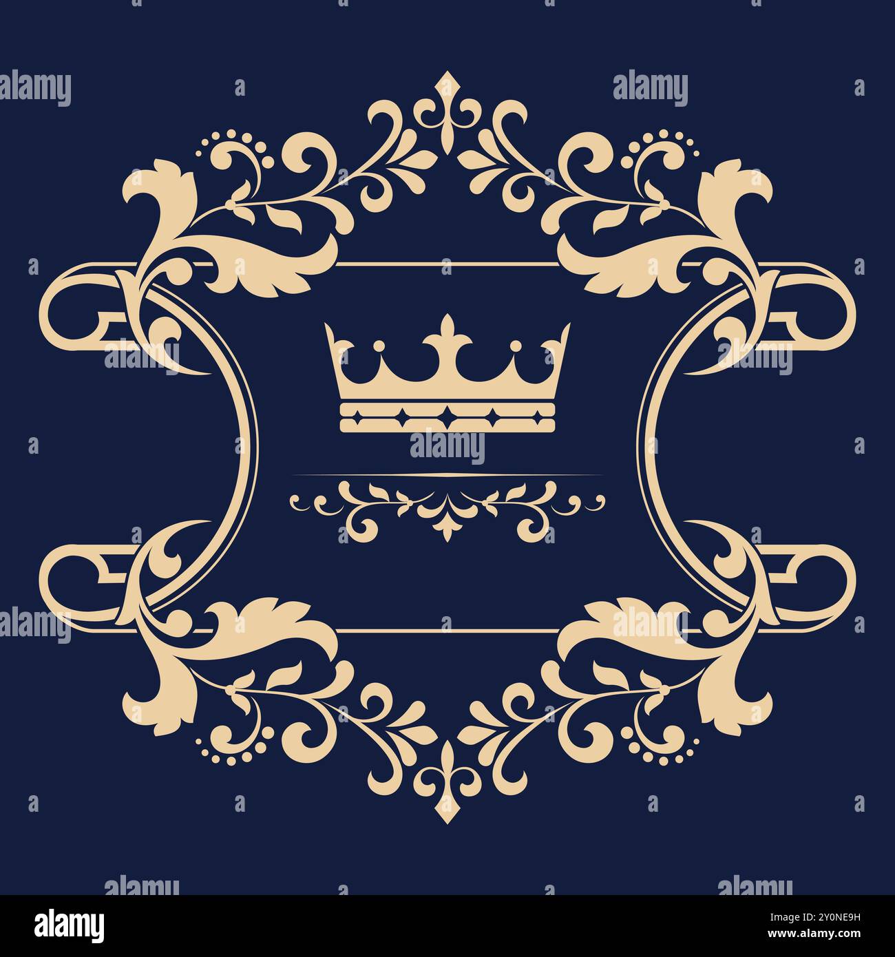 Gold crown in a vintage frame on a black blue background. Stylish graphic vector design. Stock Vector