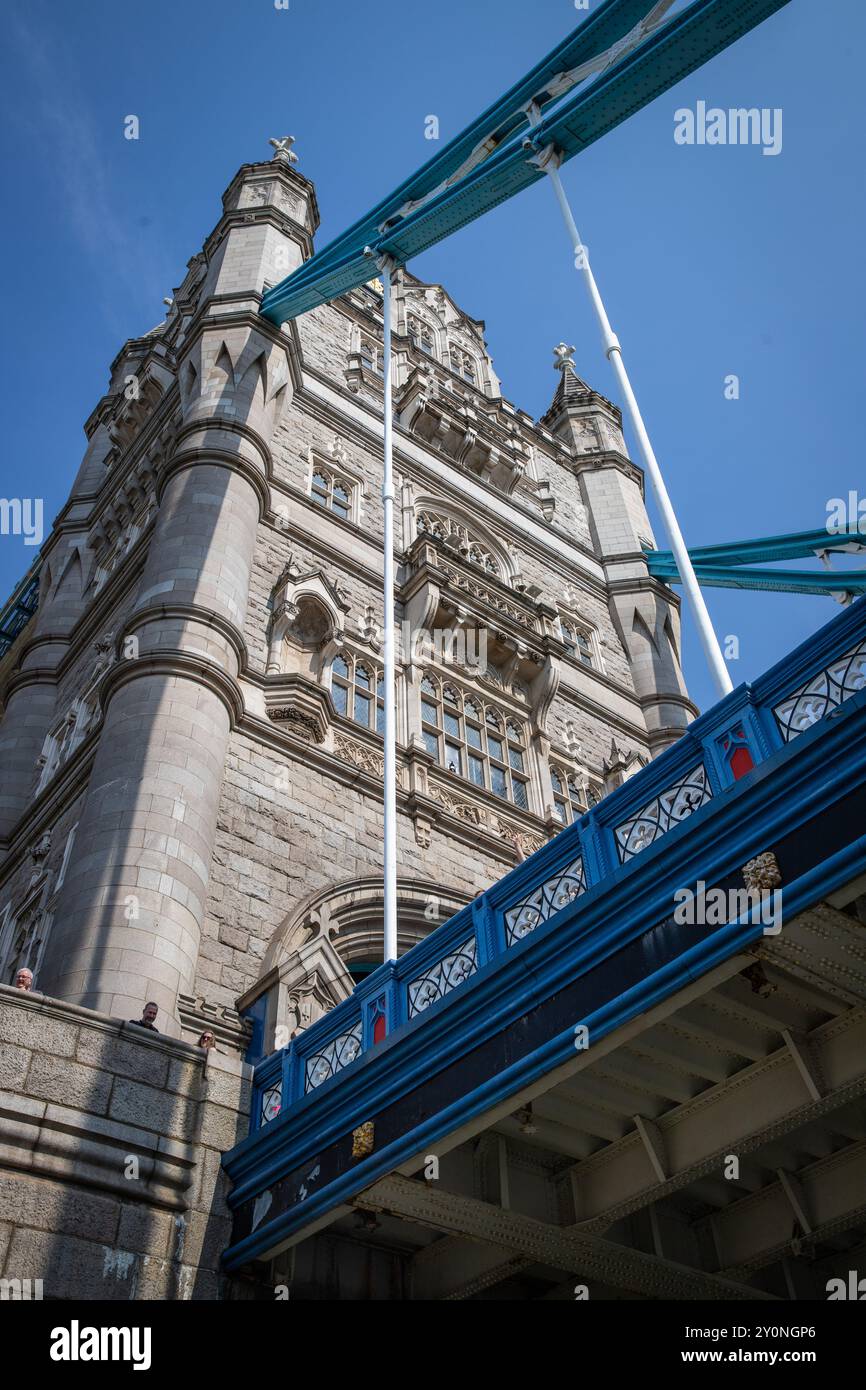 Southern tower of Tower Bridge from the river Stock Photo