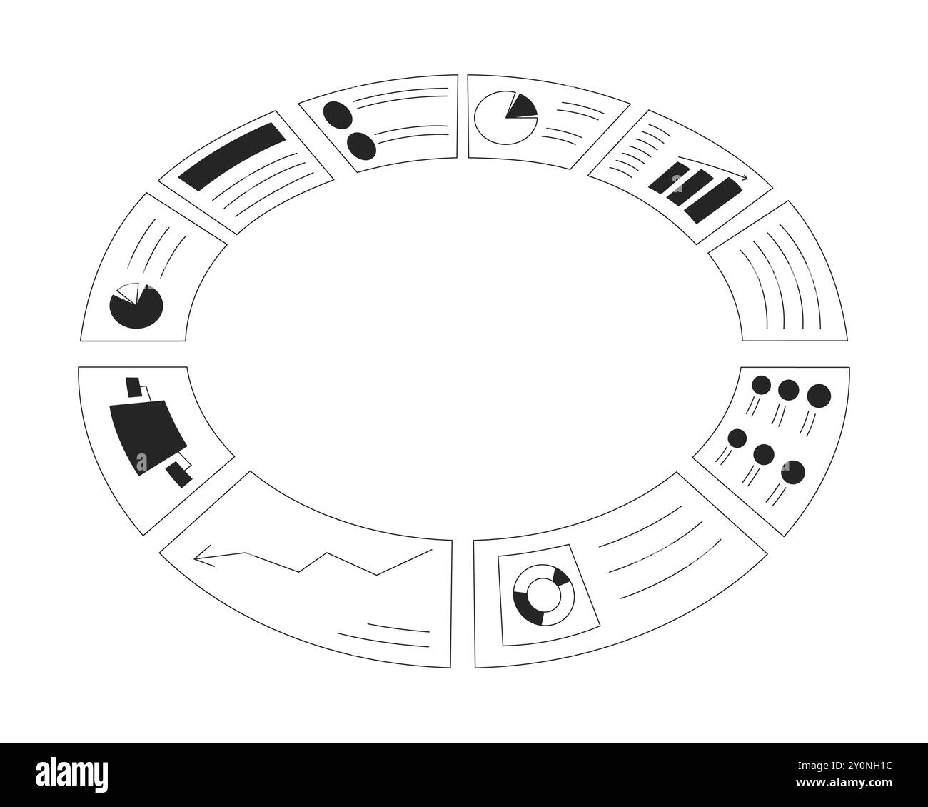 Circled analytics reports black and white 2D line object Stock Vector