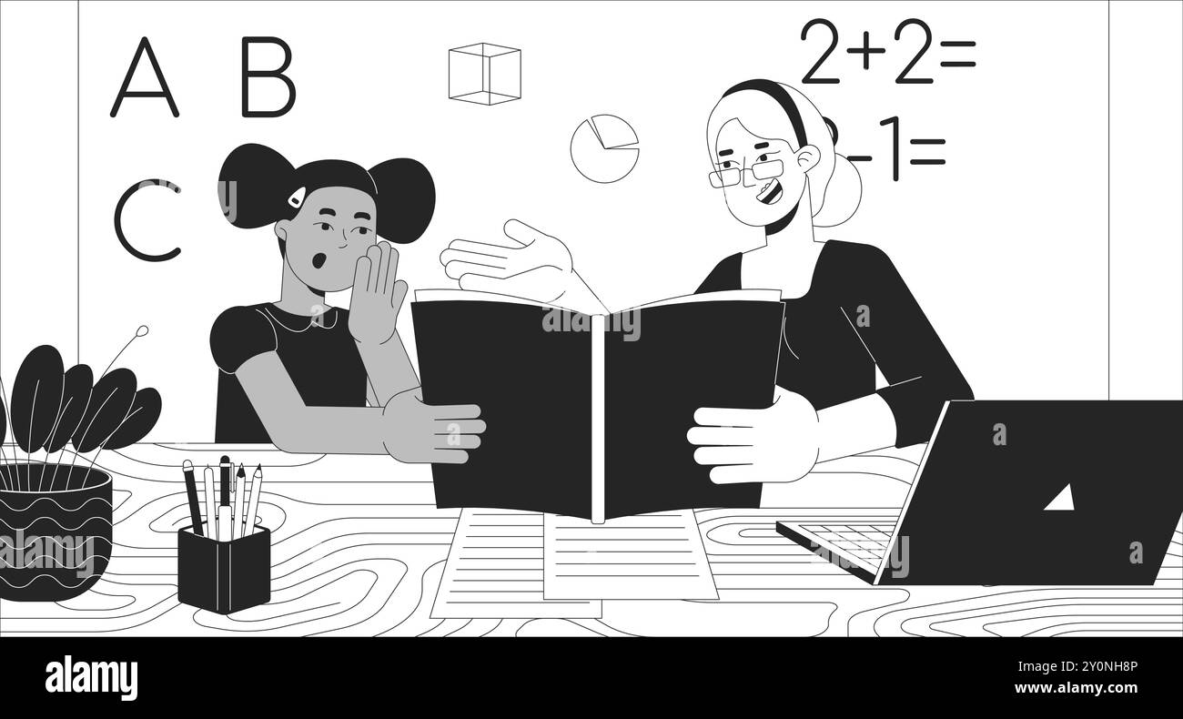 Happy teacher explaining topic to little girl black and white line ...