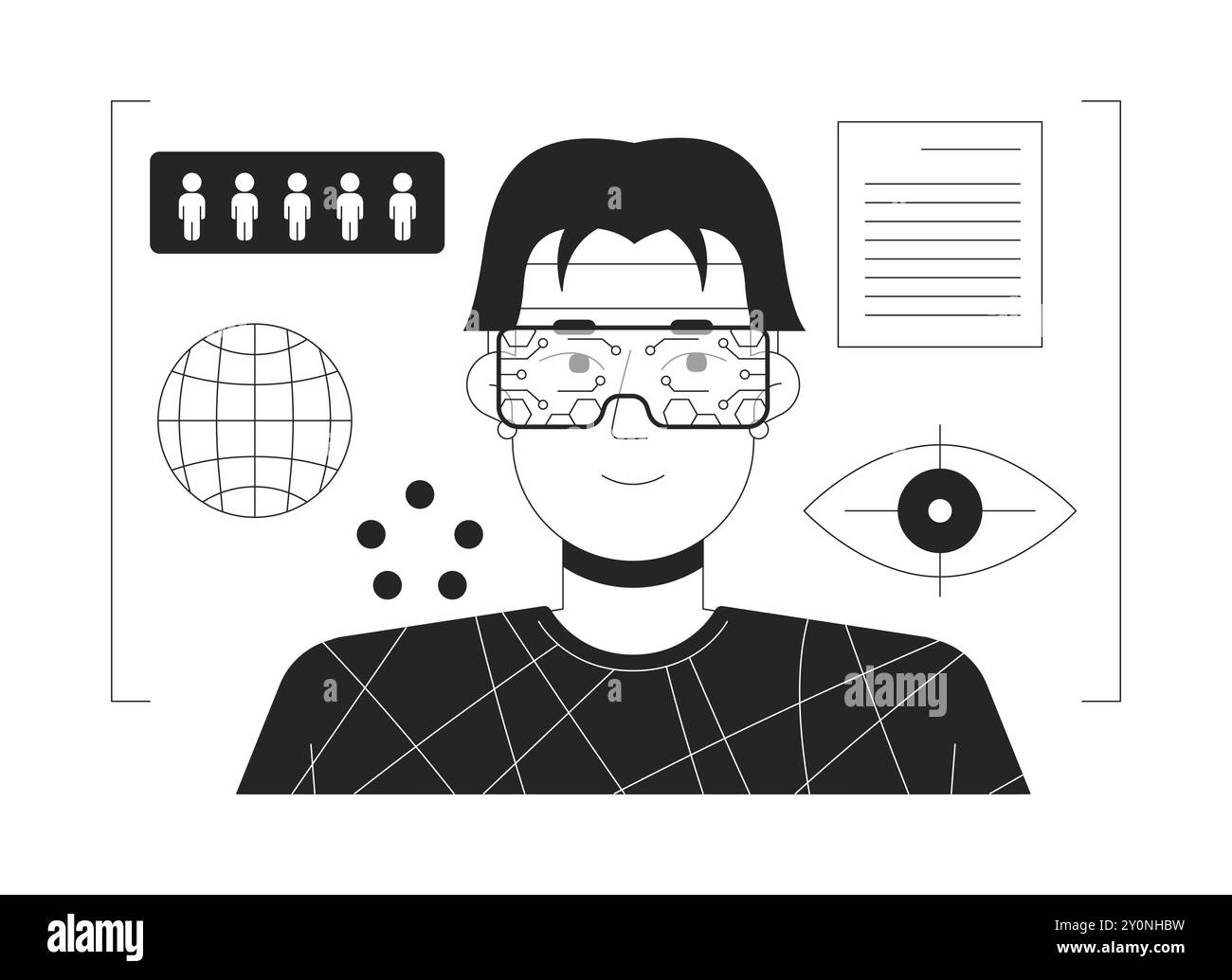 VR data analytics black and white flat line illustration Stock Vector
