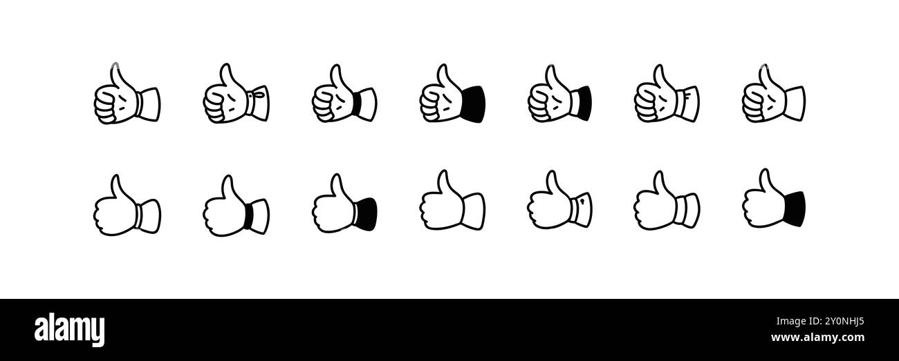 Thumb up cute line doodle icons set. Good expression. Hand sketch vector illustration. Social media comment, post like, rate symbol. Customer positive Stock Vector