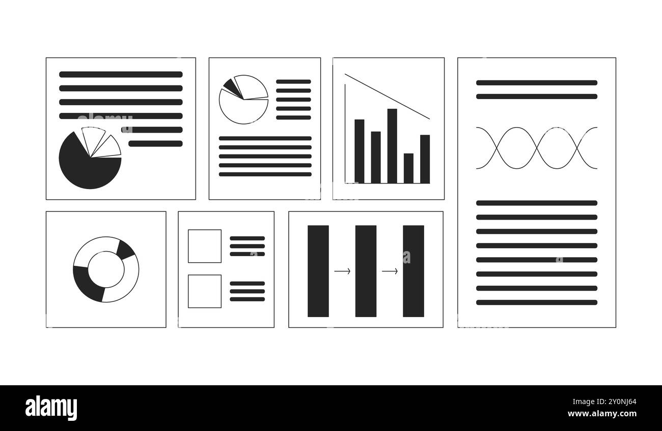 Business analysis reports black and white 2D line objects set Stock Vector