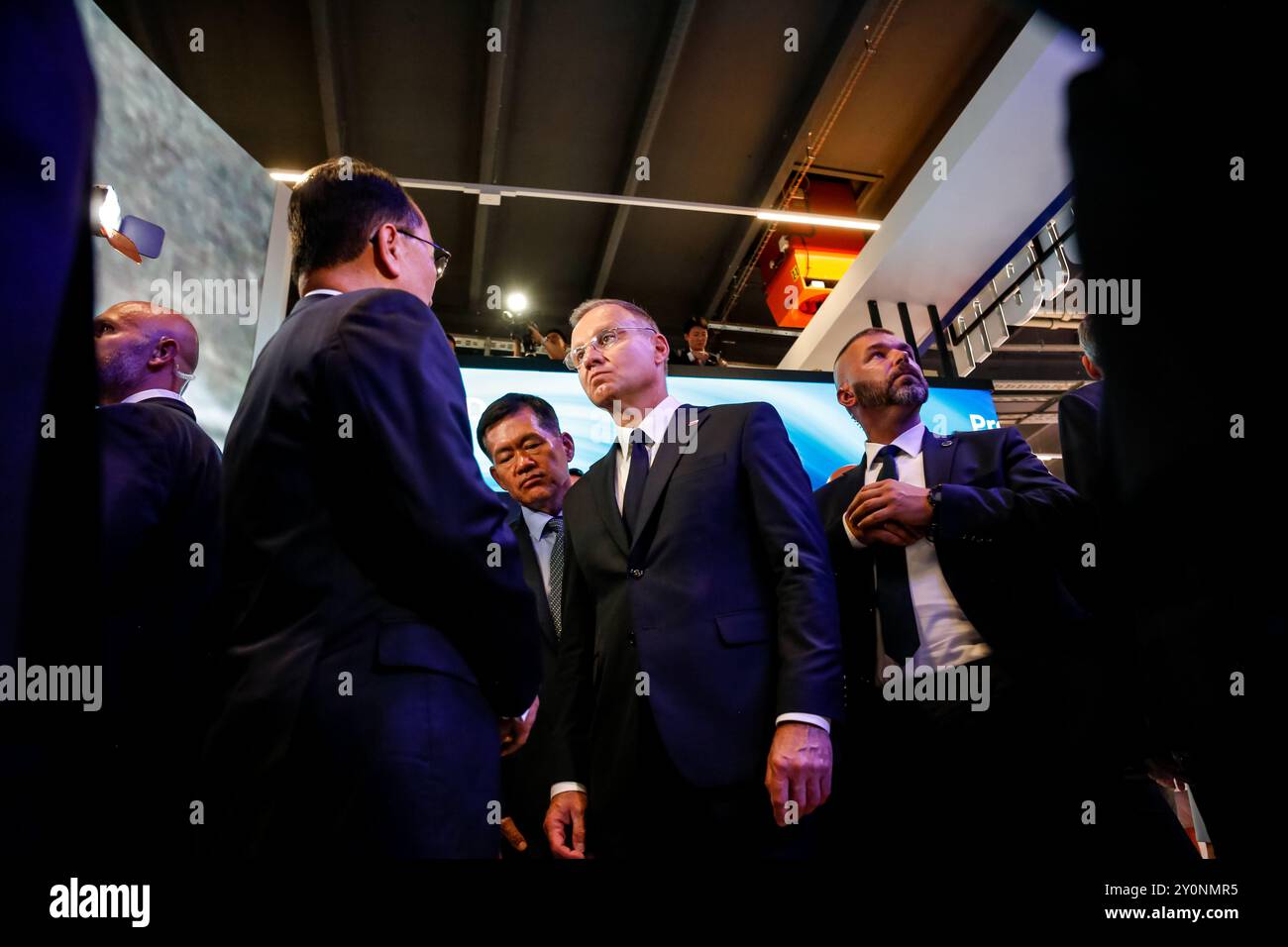 President of Poland Andrzej Duda visits South Korean Pavilion during the 32nd International Defence Industry Exhibition MSPO in Targi Kielce (Kielce Expo) in central Poland on September 3, 2024. The Exhibition presents most modern solutions and technologies in military industry. Minister of Defence W?adys?aw Kosiniak Kamysz announces that next year investment in defence will be 4.7 percent of Polish  GDP. (Photo by Dominika Zarzycka/Sipa USA) Stock Photo