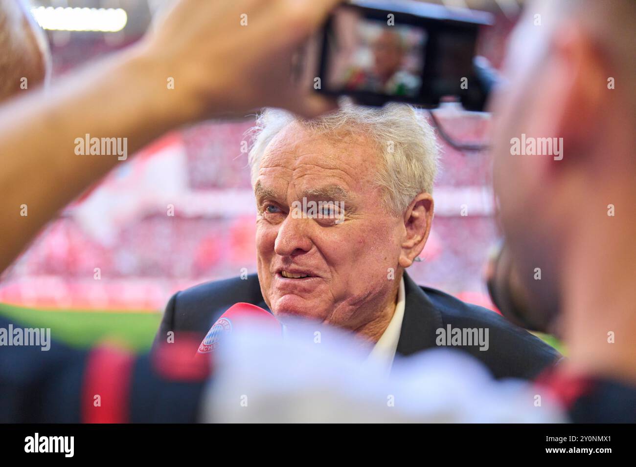 Sepp Maier FCB legend and goalkeeper in FCBTV interview  after the match  FC BAYERN MUENCHEN - SC FREIBURG 2-0   on Sep 1, 2024 in Munich, Germany. Season 2024/2025, 1.Bundesliga, FCB,, Muenchen, matchday 2, 2.Spieltag Photographer: ddp images / star-images    - DFL REGULATIONS PROHIBIT ANY USE OF PHOTOGRAPHS as IMAGE SEQUENCES and/or QUASI-VIDEO - Stock Photo