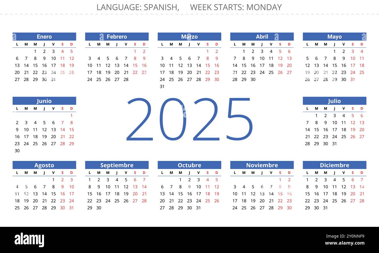 Spanish 2025 year month calendar. Printable vector illustration for